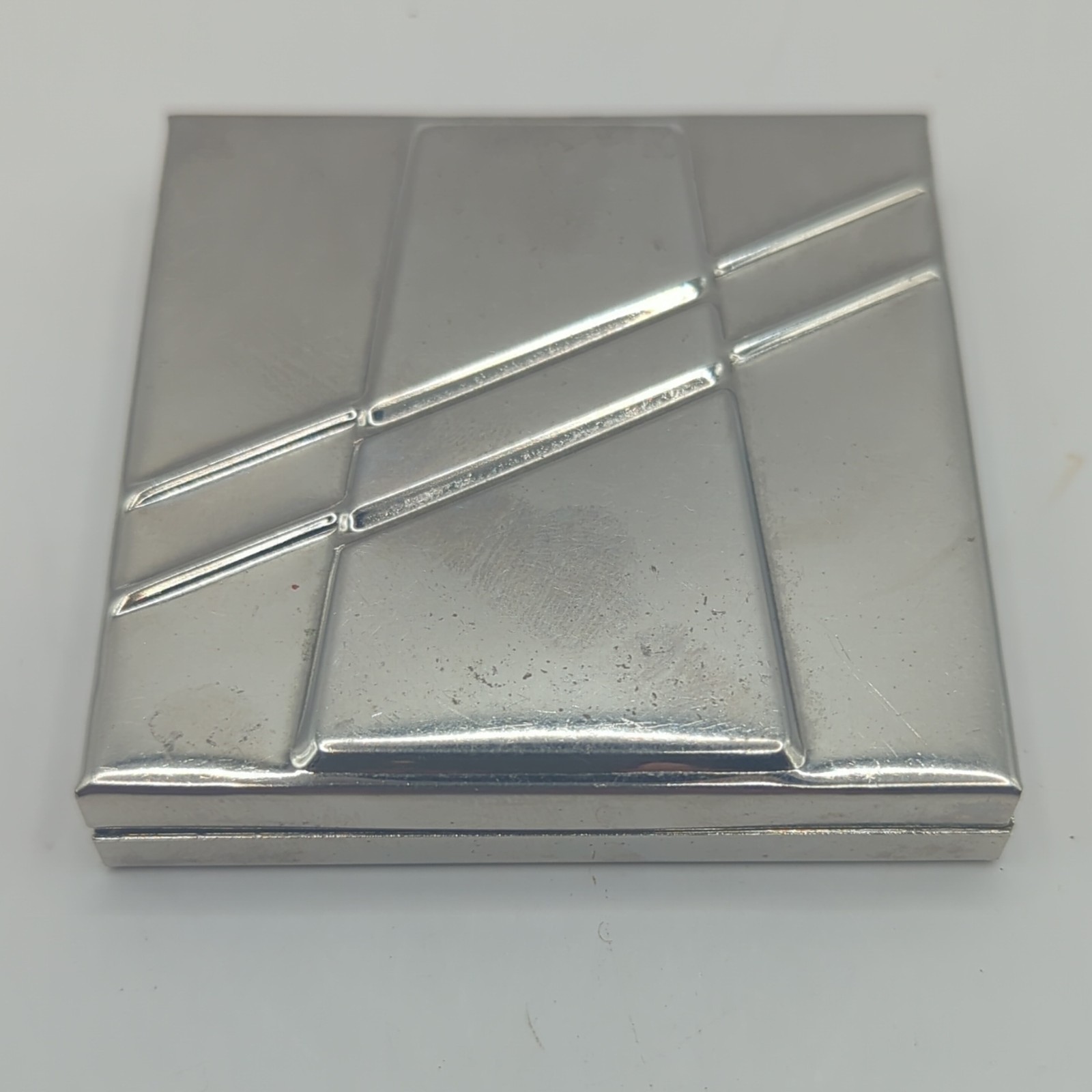 Vintage Shiny Square Silver Chrome Compact Purse Mirror Makeup Case Art Deco