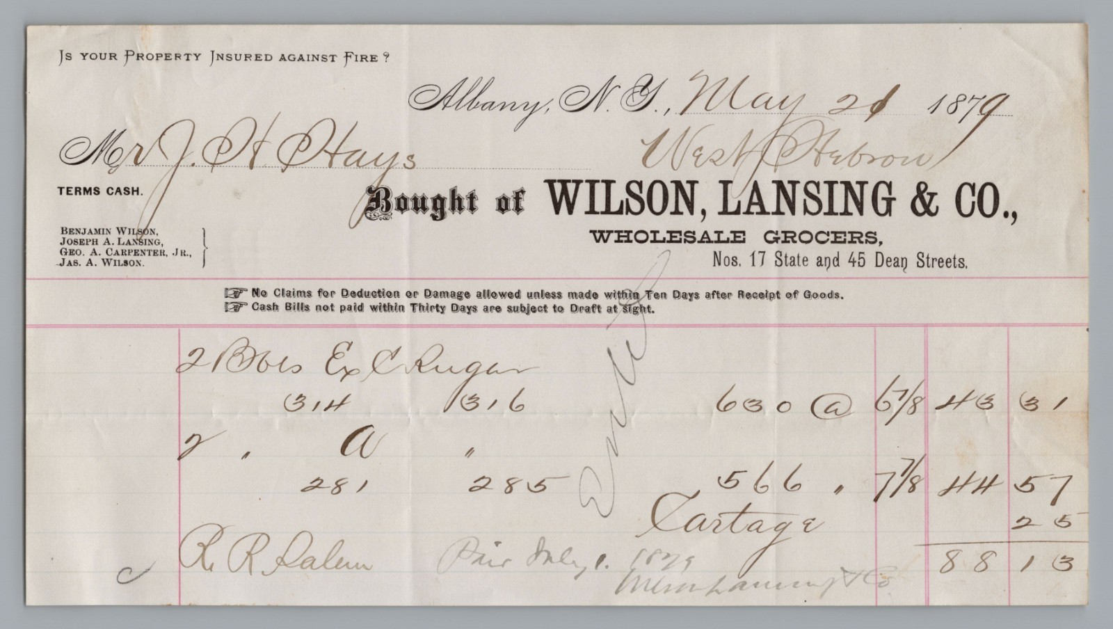 1879  Billhead Wilson, Lansing & Co. Wholesale Grocers Albany, NY