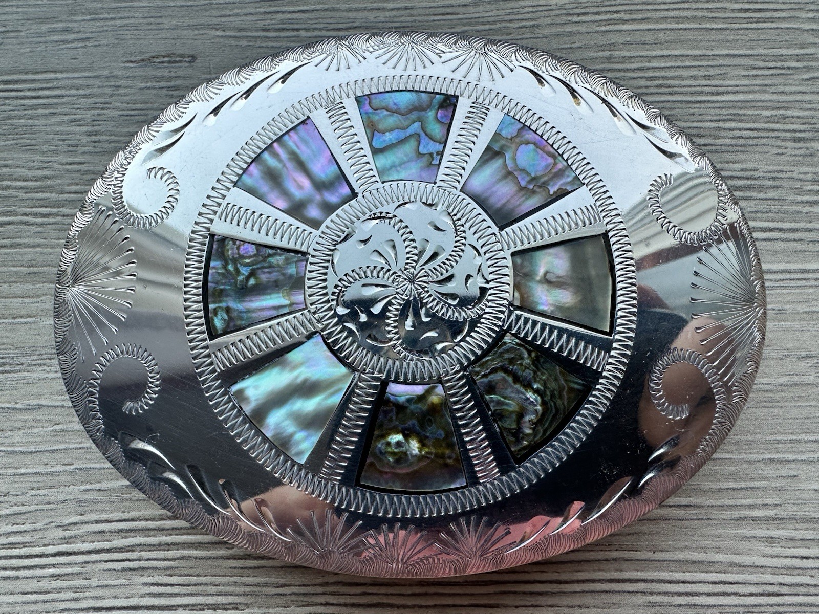 Vtg. Johnson Held Ltd Handmade Abalone Inlay Belt Buckle Denver Colorado 