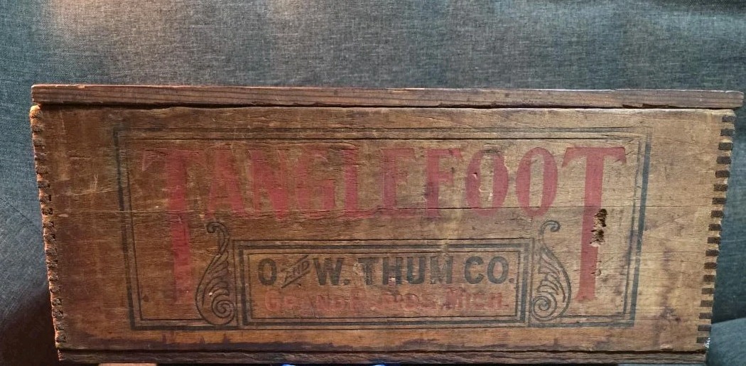 Antique Tanglefoot Fly Paper Wood Advertising Box O & W Thum Grand Rapids 17