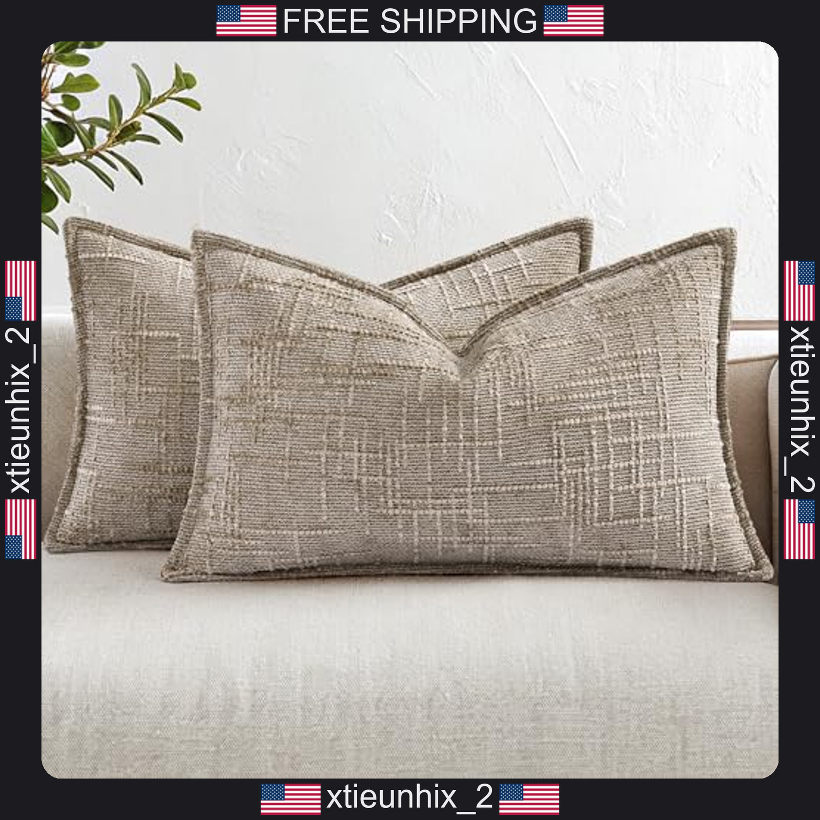 Chenille Decorative Pillow Covers 12x20 Set of 2 Oatmeal Polyester Flange Edges