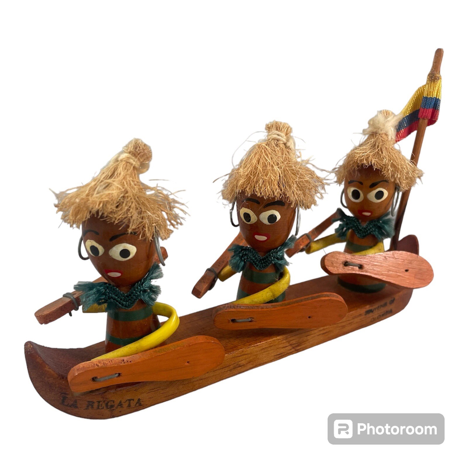 Vintage  Handmade 1950’s Columbian Wood Figurine Boat Souvenir La Regata