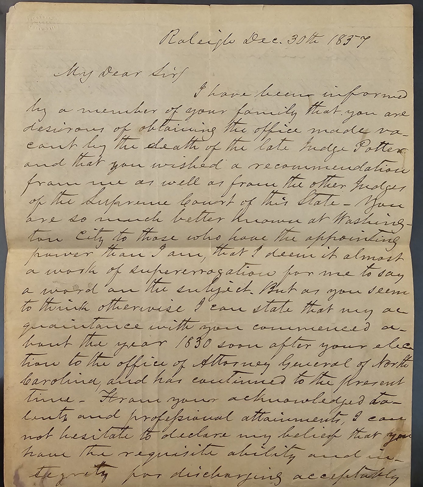 1857 ALS Justice William H Battle Recommends Romulus M  Saunders For US Judge NC
