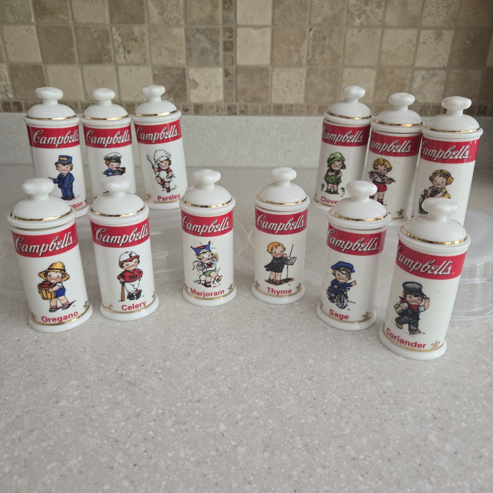Vintage 1995  Danbury Mint Campbell\'s Soup Kids Ceramic Spice Jars-Lot Of 12