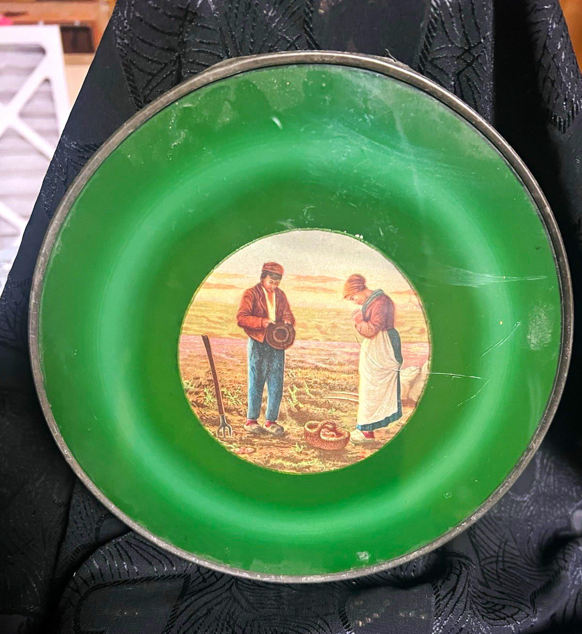 Antique The Angelus French Art Flue Cover Wall Hanging Green Multicolor Round