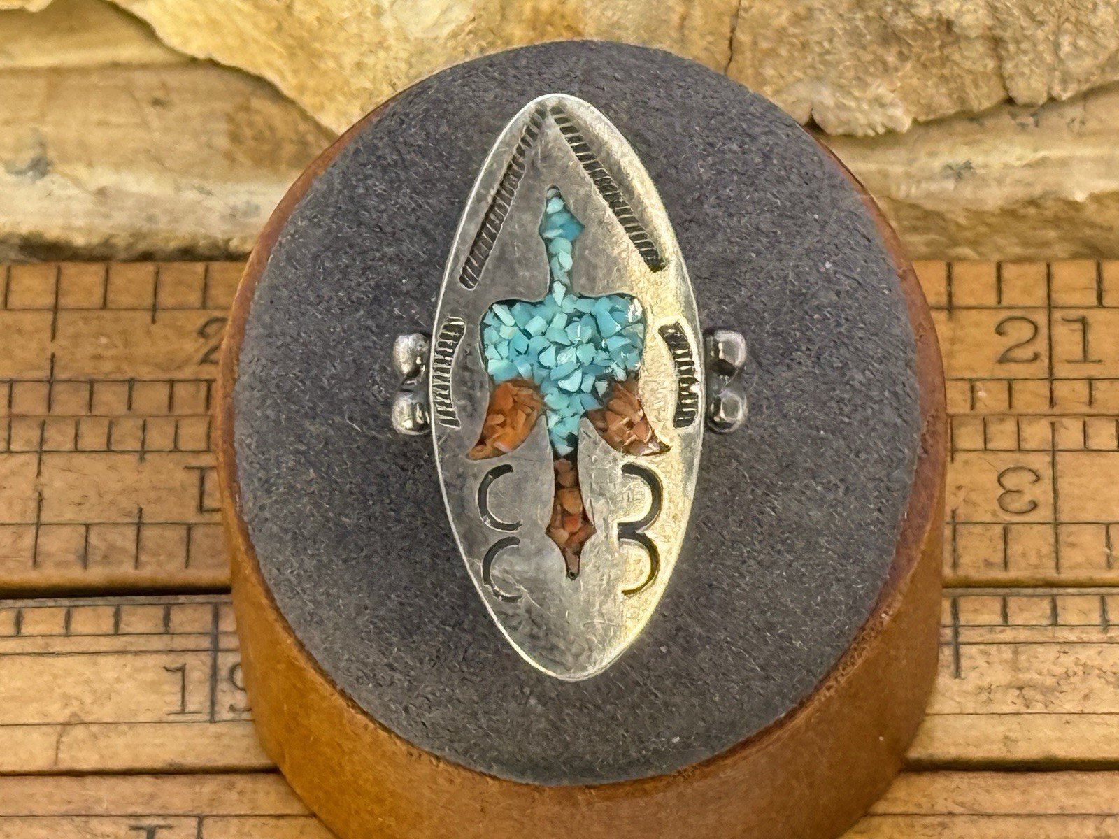 Vintage Navajo Native Sterling Turquoise Coral Peyote Bird  Ring sz 6--2210.26