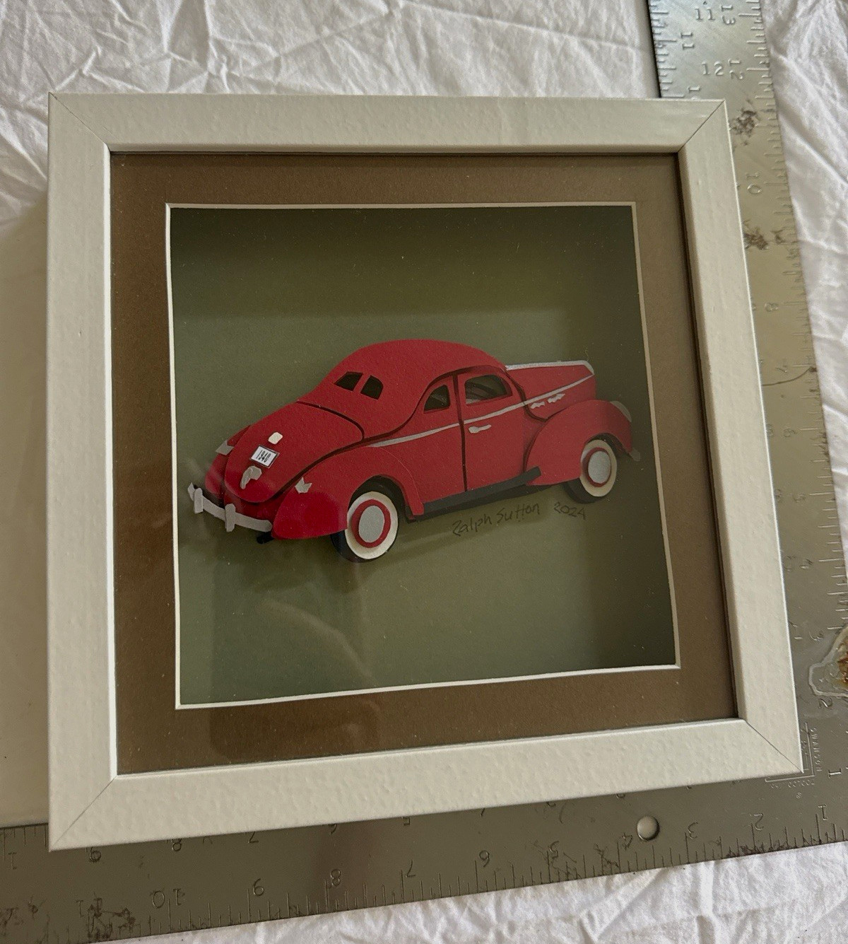 Framed Red Classic Coupe Car Print Artwork Signed Ralph Sutton 2024 Vintage 9x9