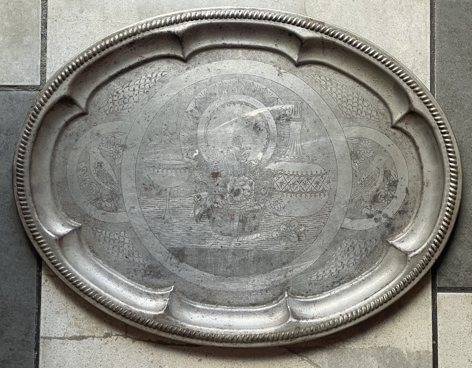Antique Early - Mid 20th C. Nickel Plated LARGE Victorian Revival Serving Tray