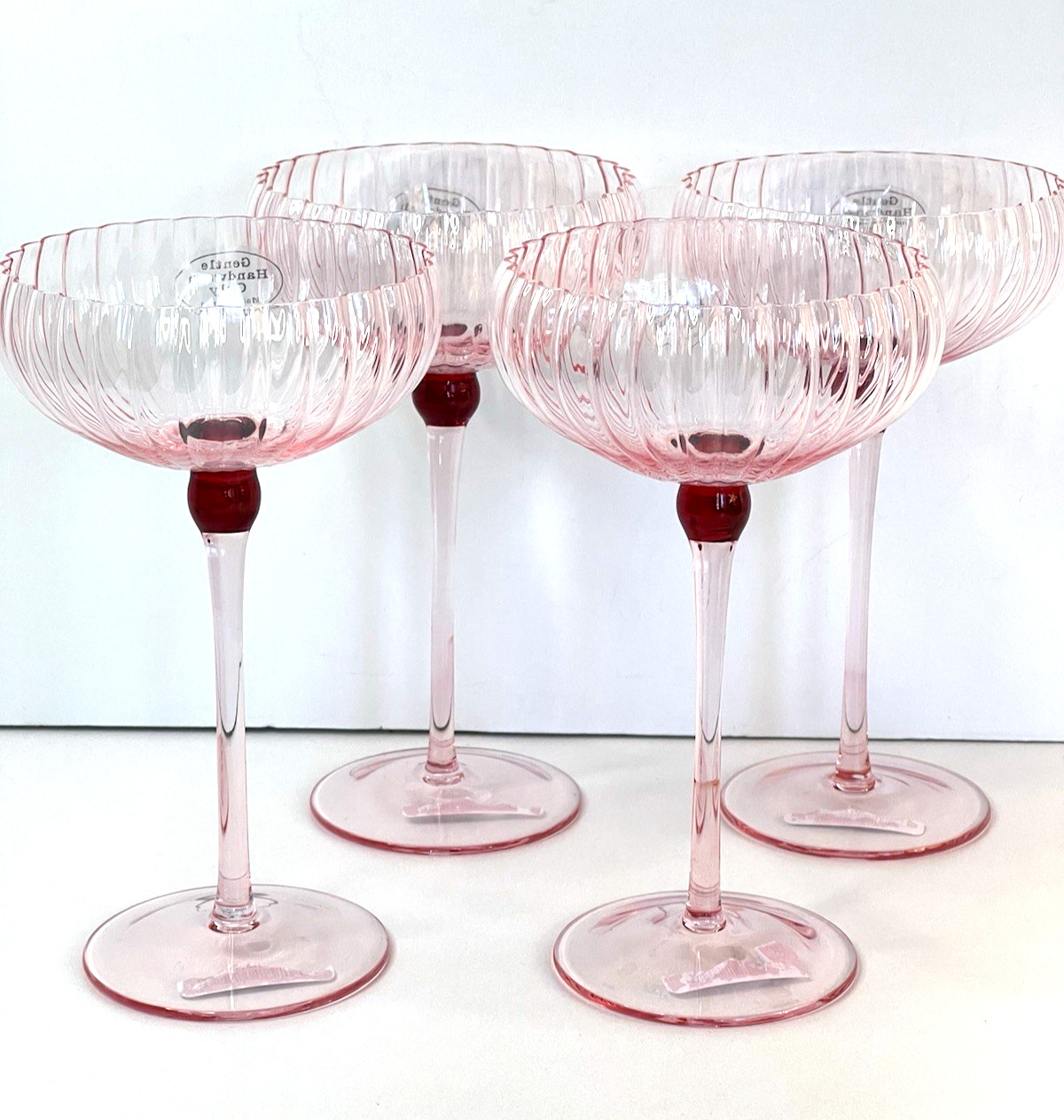 Champagne Coupe Glasses (4) Pink Blush Ribbed QUALIA Long Stem Hand Blown NEW