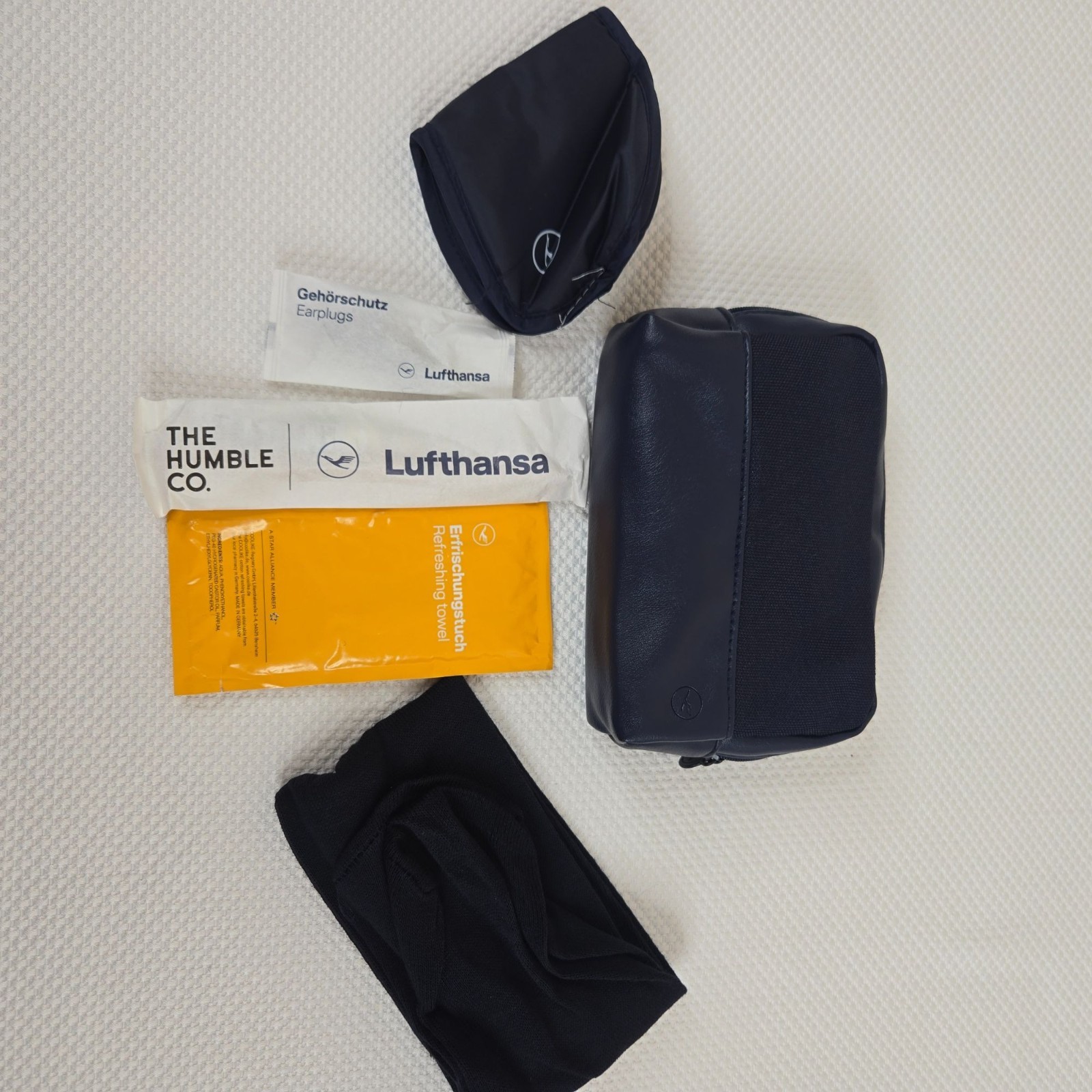 Lufthansa Premium Economy Amenity Kit Eye Mask Earplugs Socks Towel Blue Travel