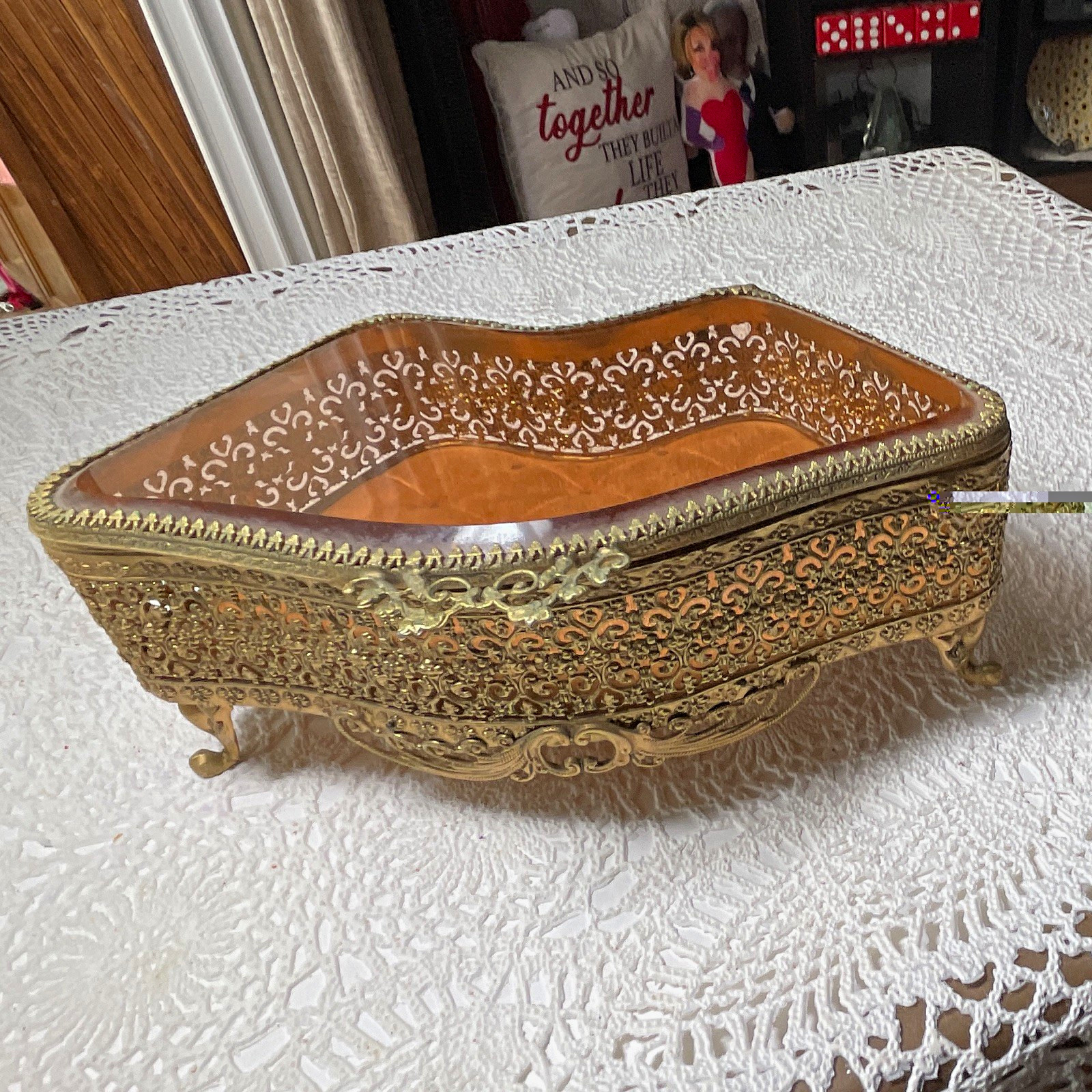 Vintage Ornate Gold Metal Filigree Jewelry Trinket Box Glass Lid Velvet Interior