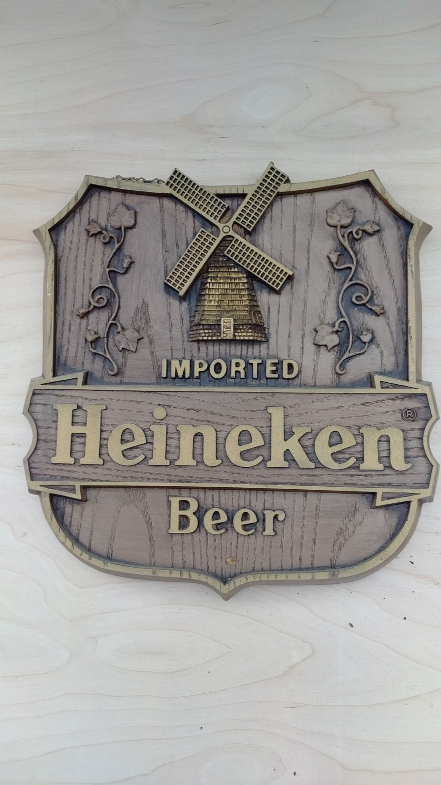 Vintage 1982 Heineken Imported Beer Windmill Sign Plaque Faux Wood 3D Bar Shield