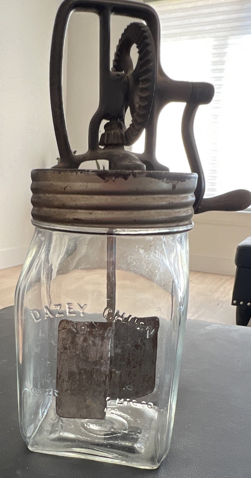 🙌Antique 1922 Dazey No 20 4qt Clear Glass Butter Churn  w/ Lid Handle Paddle