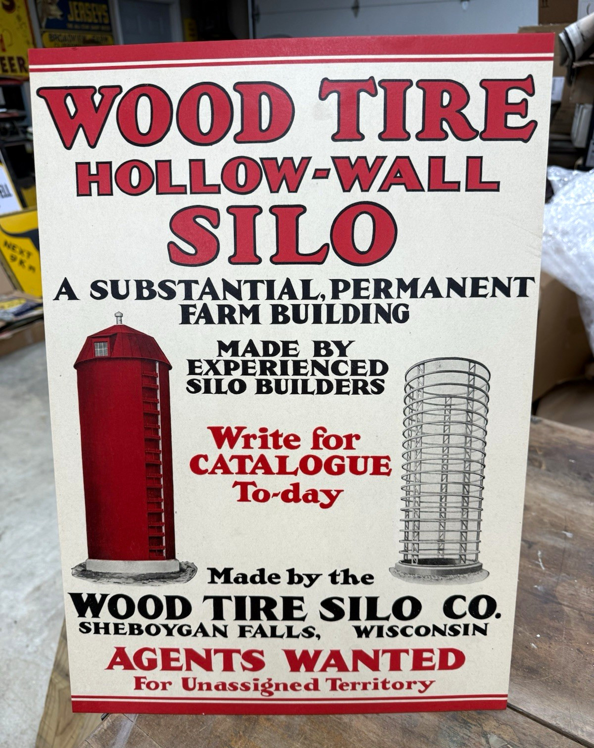 Early 1900’s Vintage NOS Wood Tire Silo Co. Hollow-Wall Silo Cardstock Farm Sign