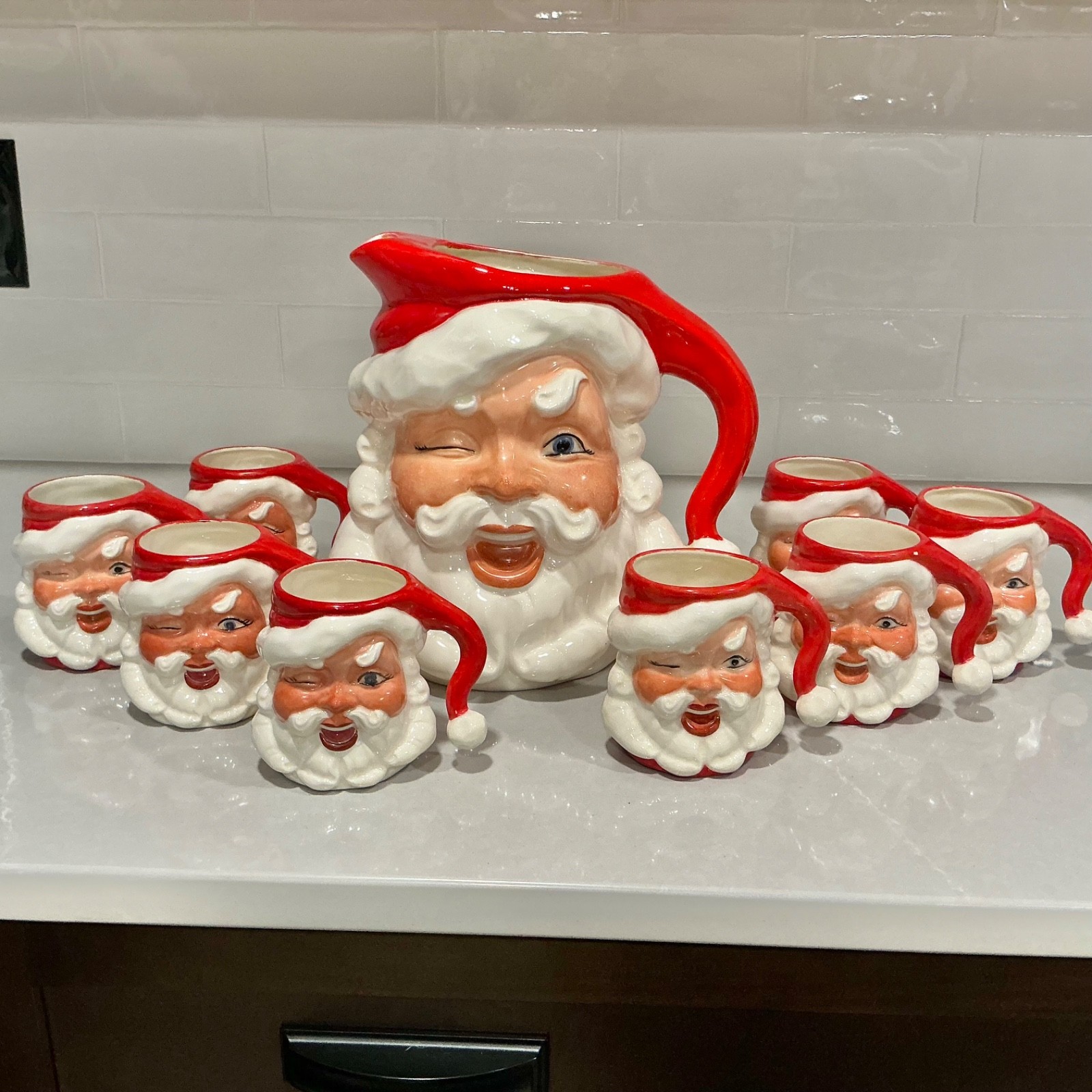 Vintage Winking Santa Pitcher 8 Mugs 9 Pc Christmas Ceramic Set Mid Century