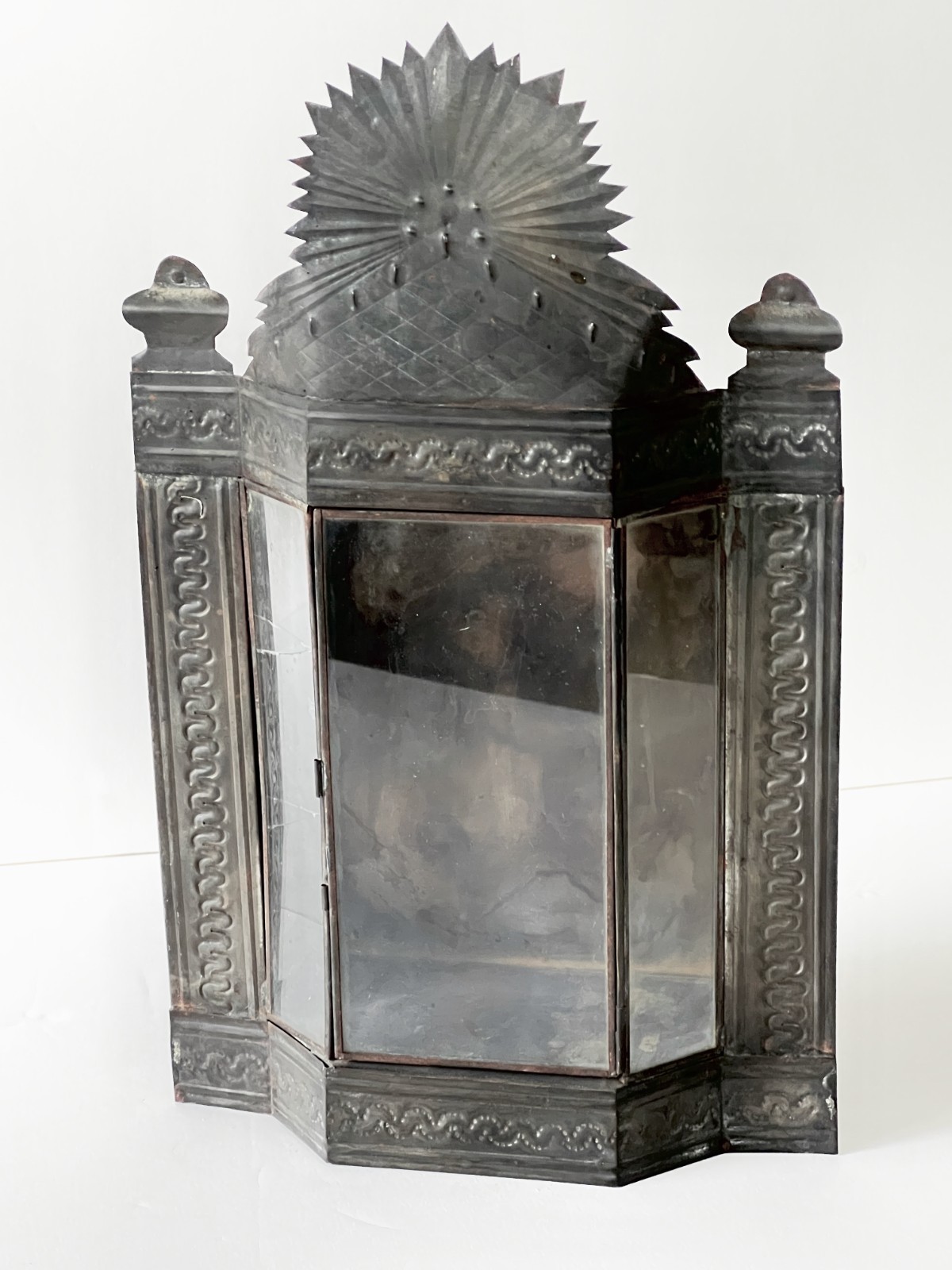 Antique Mexican Tin Glass Nicho Box