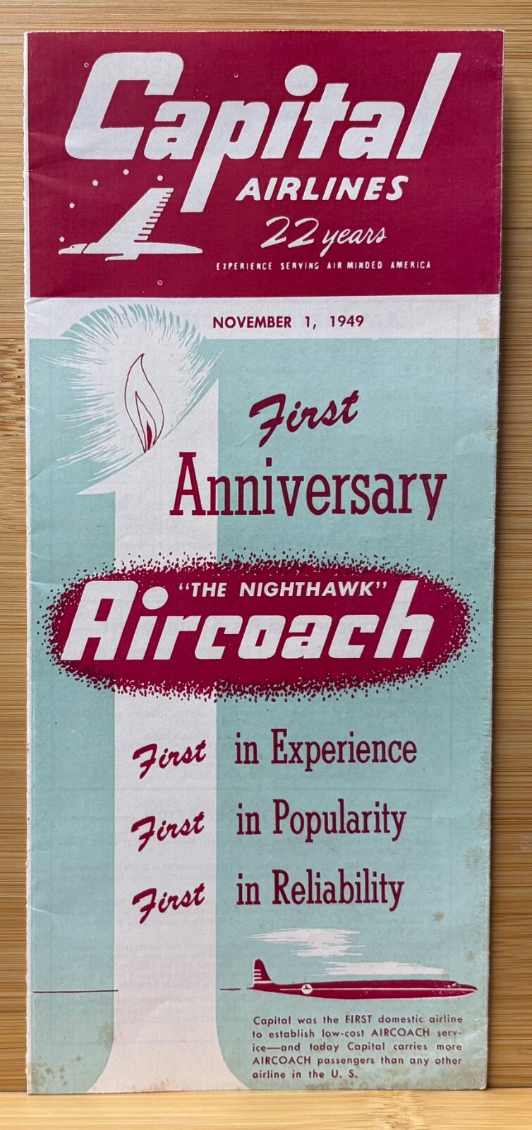CAPITAL AIRLINES 22 YRS NOV. 1949 TIME TABLE~1st ANNIVERSARY NIGHTHAWK AIRCOACH