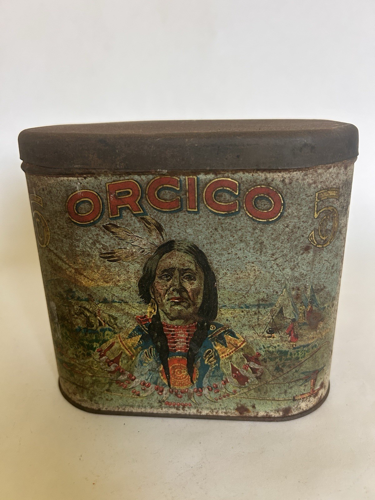 Vintage ORCICO hinged lid cigar tin 5 cents Tobacco Ad Indian Native American