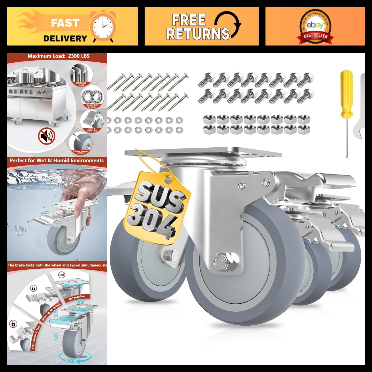 4 Inch Stainless Steel Casters Set of 4, 2600LBS Heavy Duty Swivel with Brake, 3