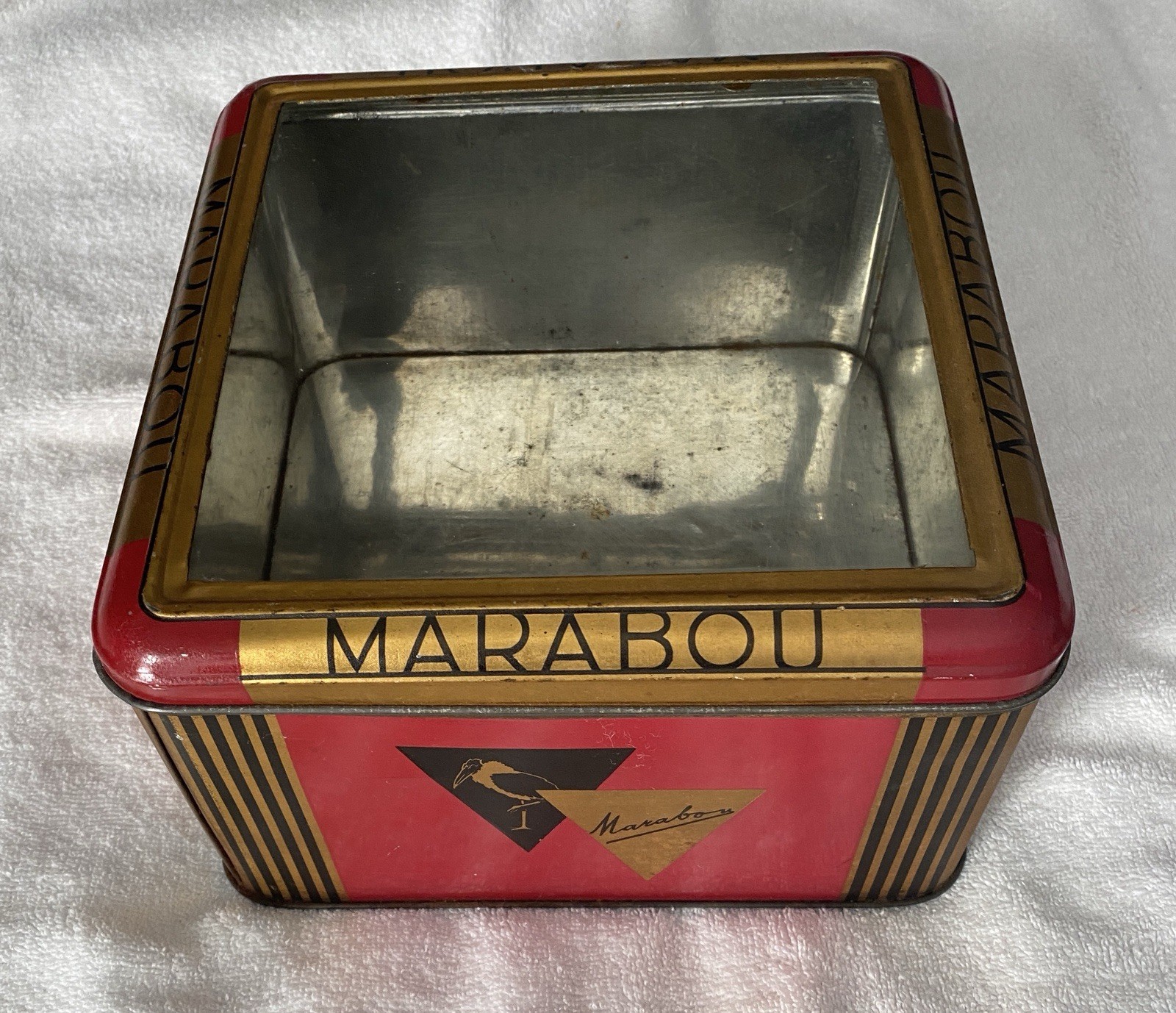 Vintage Early 1900’s MARABOU Candy Tin With Glass Lid *RARE FIND** EUC