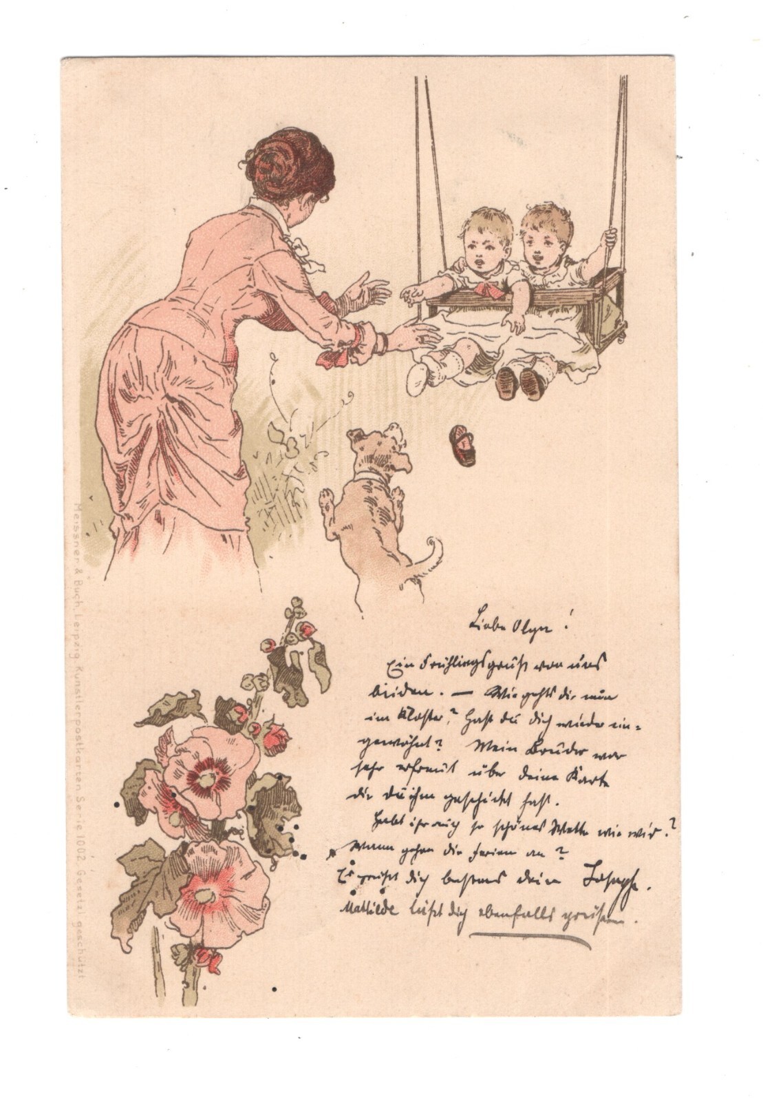 Germany Bavaria postcard 1898 Children on a swing Meissner Buch