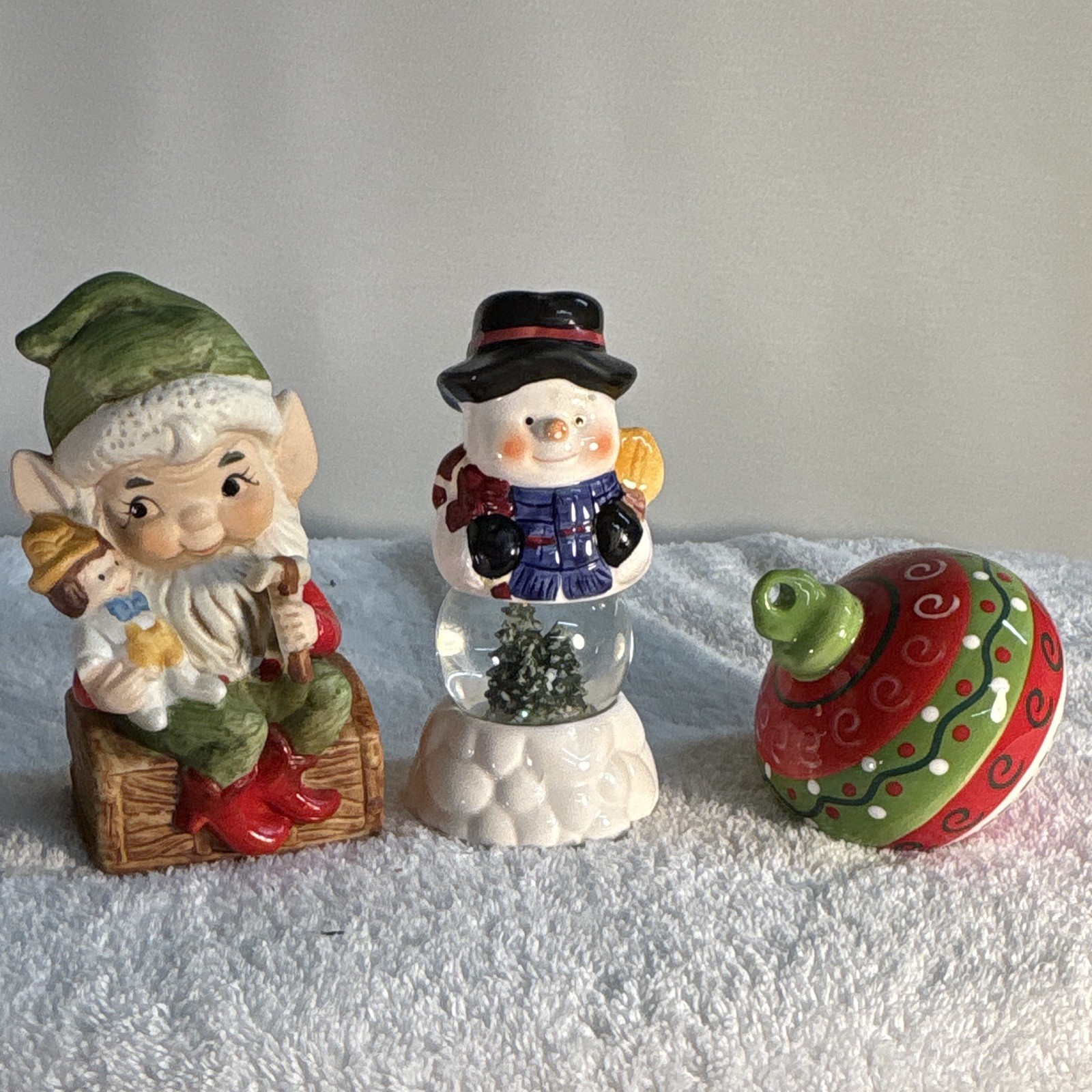 3pc Christmas Hand Painted Figurines Elf/Gnome, Snowman, Salt Shaker Ornament 