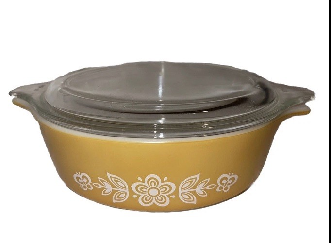 Look Pyrex 1 Pint Casserole Dish W/ Clear Lid Butterfly Gold Ovenware VTG