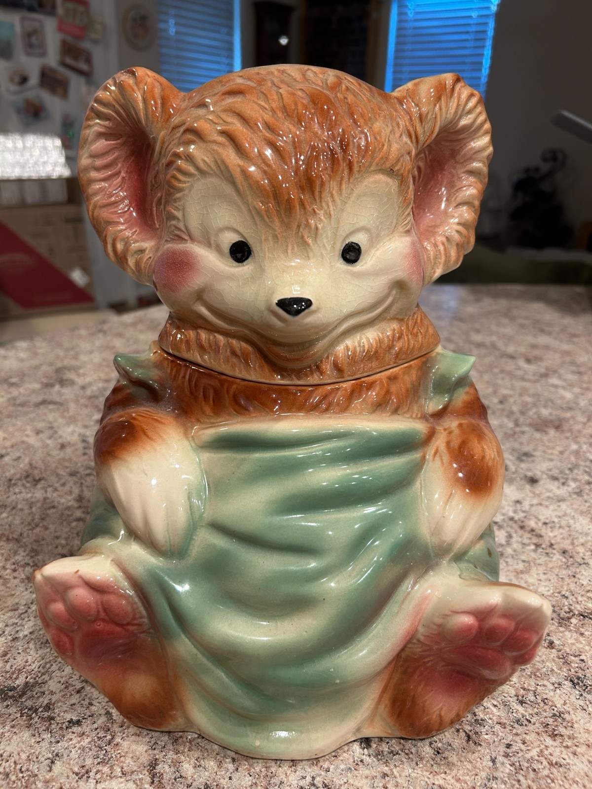 Brush McCoy 1950s Vintage Ceramic Teddy Bear Cookie Jar with Green Apron