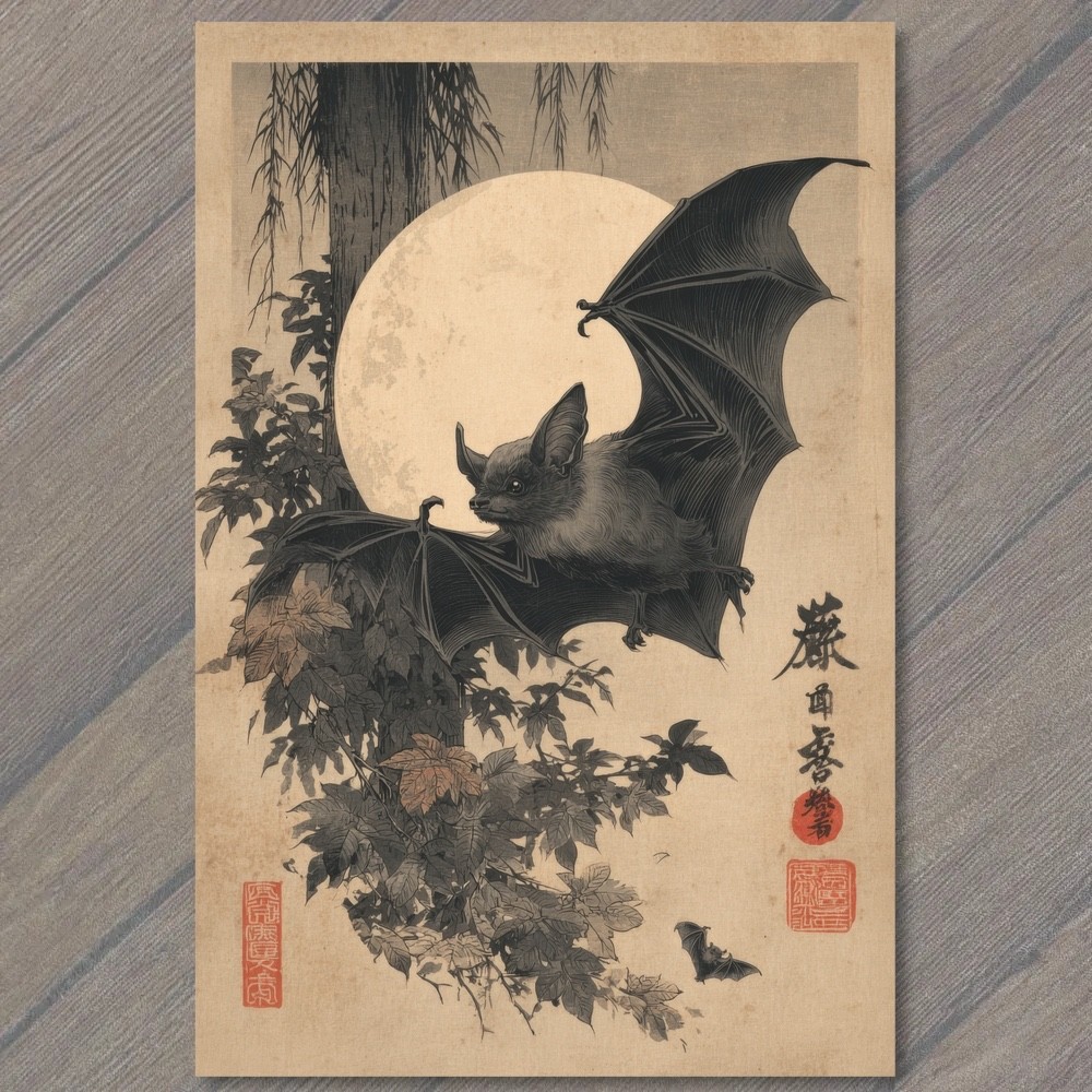 POSTCARD Japanese Woodblock Flying Bat Full Moon Ukiyoe Night Kanji Red Seals
