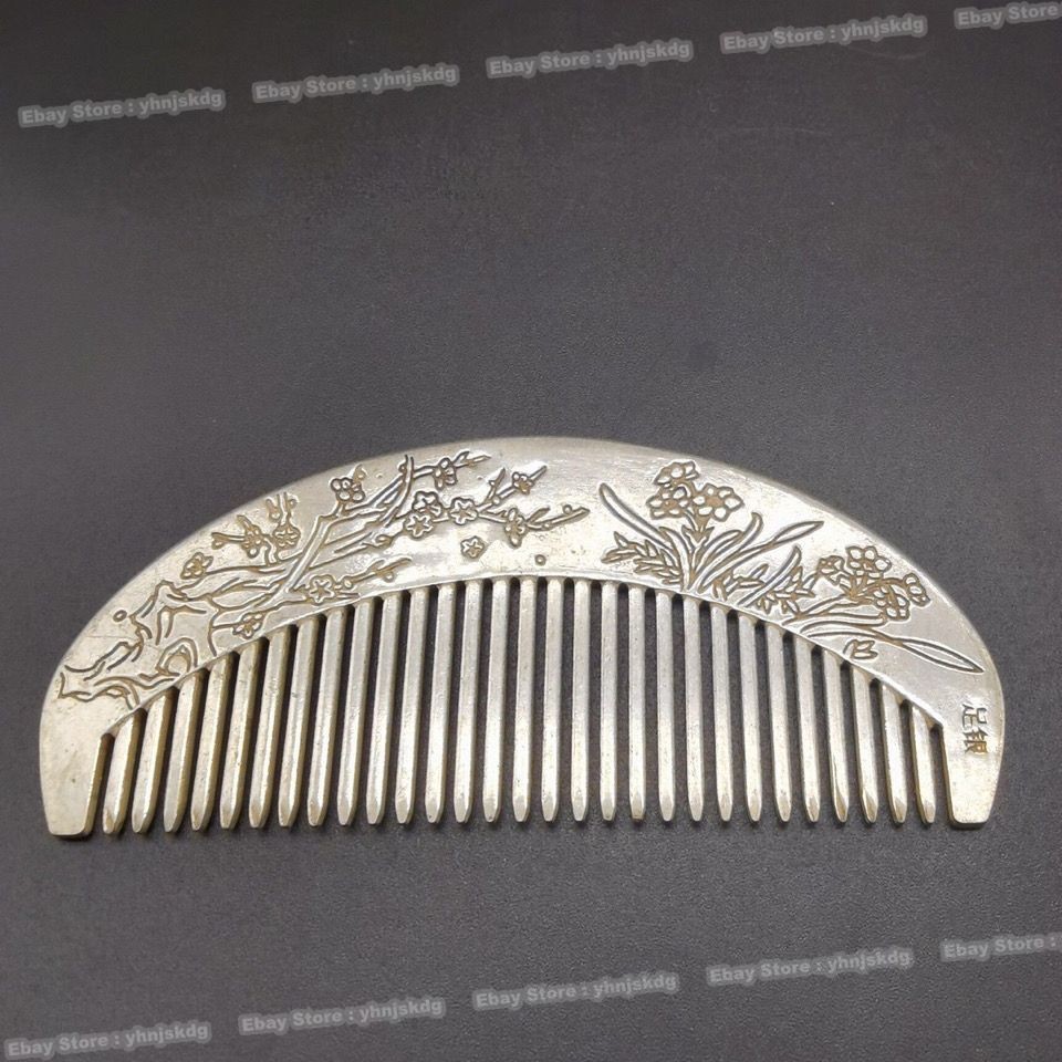 Antique Tibetan Silver Comb - Exquisite Plum Blossom Relief Carving Late Qing