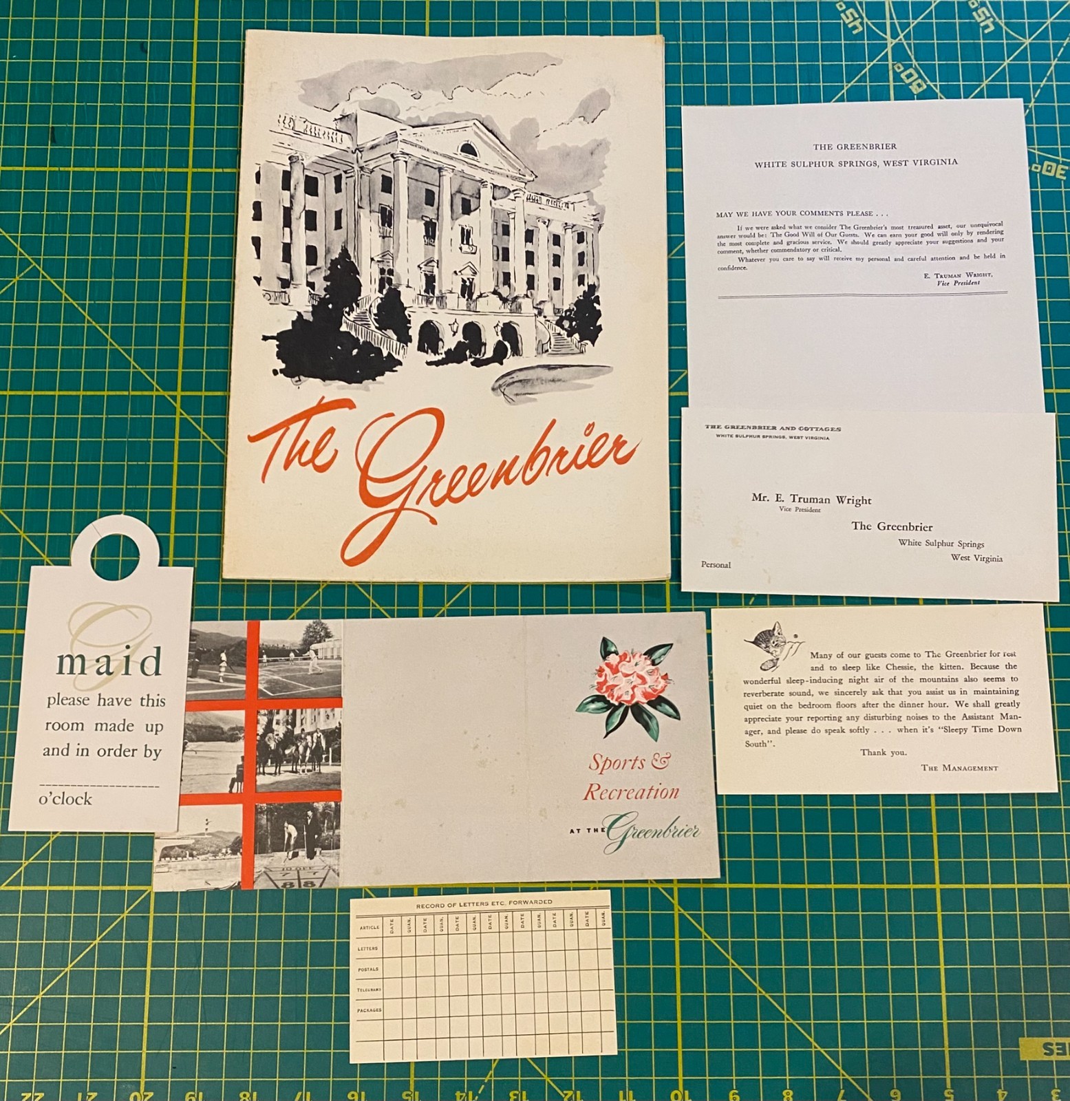 Vintage The Greenbrier Hotel Resort Ephemera Lot Menu Door Hanger Brochure WV