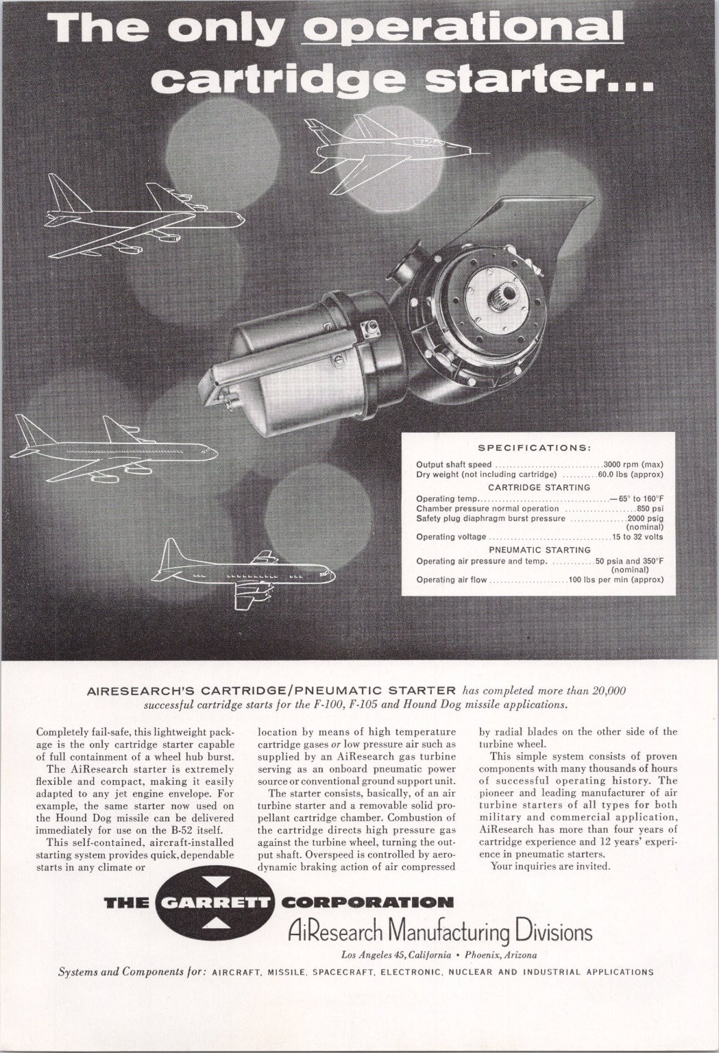 AiResearch Vintage Ad Cartridge Pneumatic Starter F-100 B-52 1960s