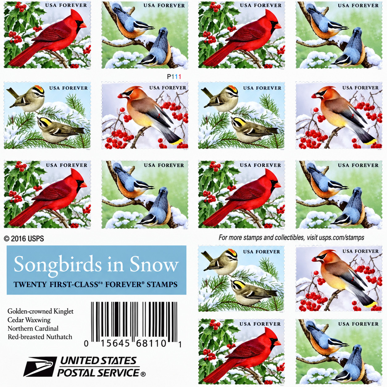 USPS Postage Stamps Sheet of 20 - First Class Letter - Songbirds in Snow