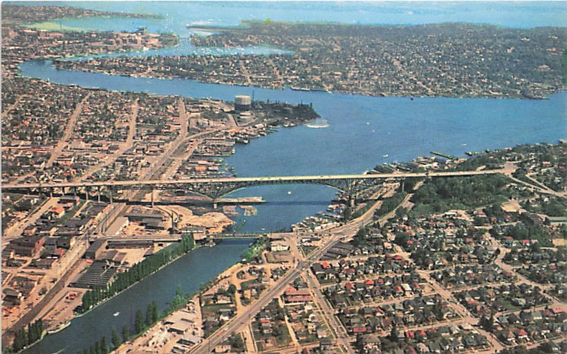 Postcard WA: Aurora Ave Bridge Aerial View, Seattle, Washington