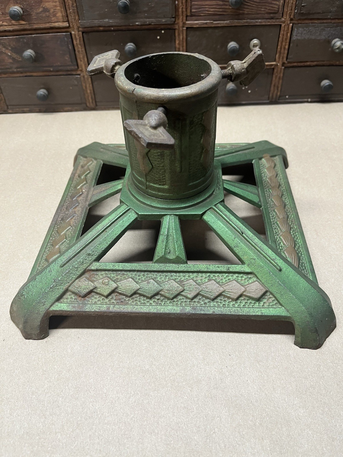 Vtg 40s Cast Iron Christmas Tree Stand Green Gold Patina 2-1/4
