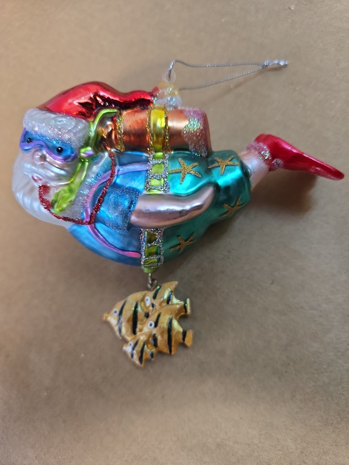 Scuba Diver Santa Blown Art Glass Ornament With School of Fish Below