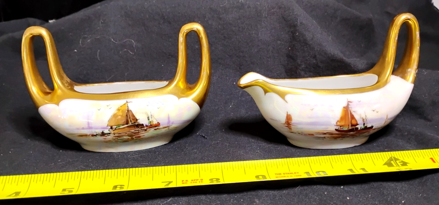 Antique Jul Brauer Cream, Sugar w/Sailboat Handpainted Gold Trim 1903 Signed FRG