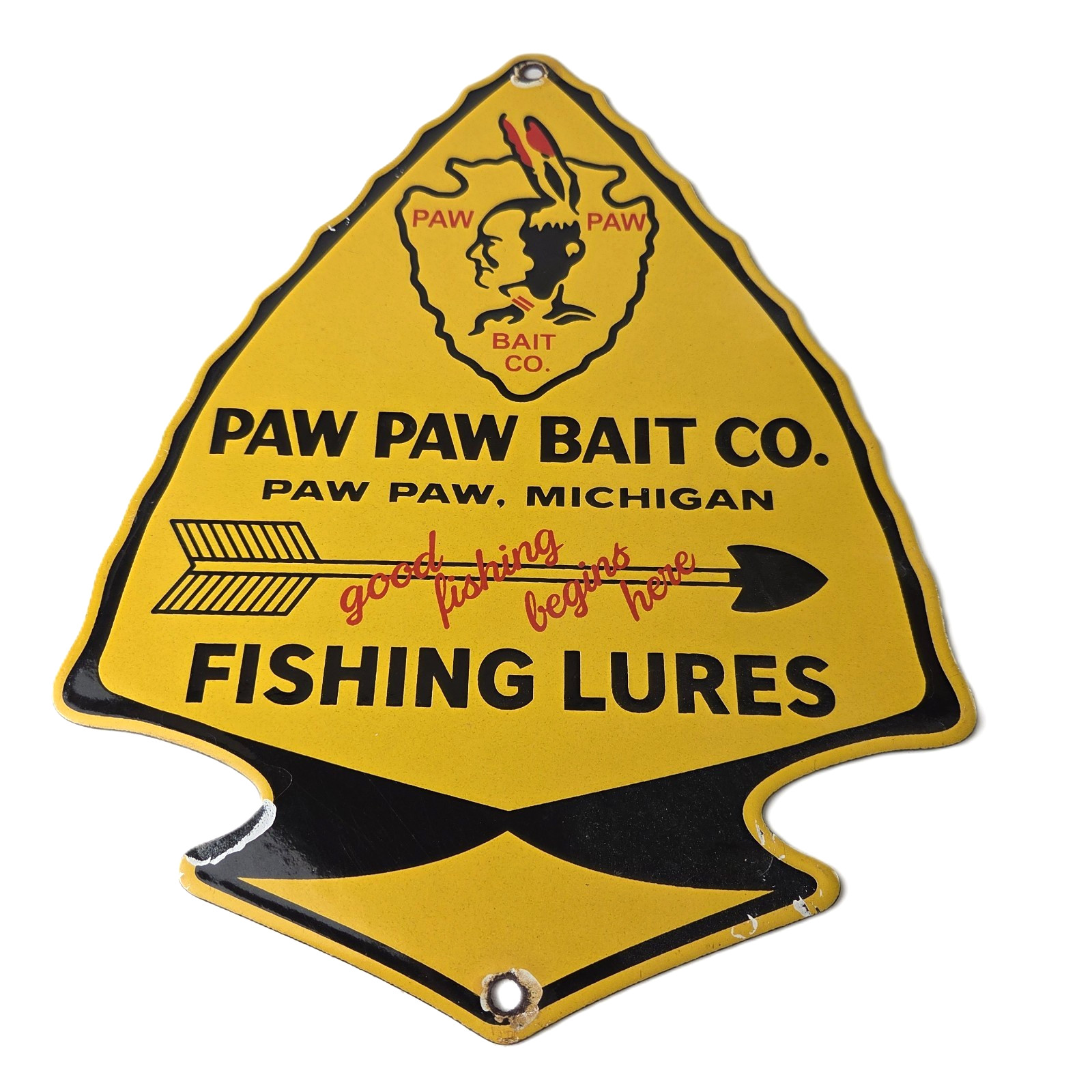 Vintage Paw Paw Bait Co Sign - Fishing Lures Arrowhead Gas Pump Porcelain Sign