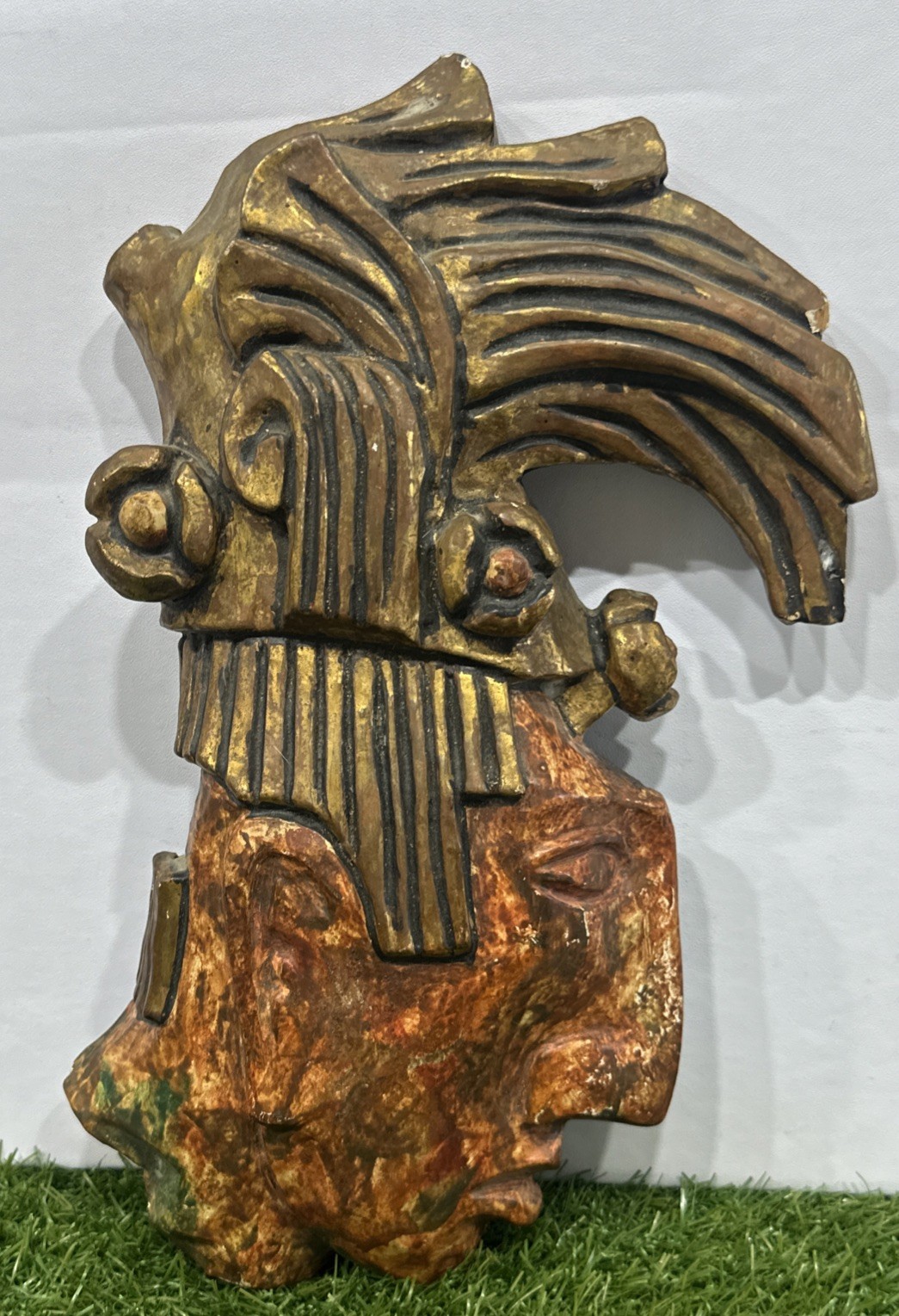 Vintage Mayan Terra Cotta wood Bust (King Pacal Of Palenque) Statue 12”