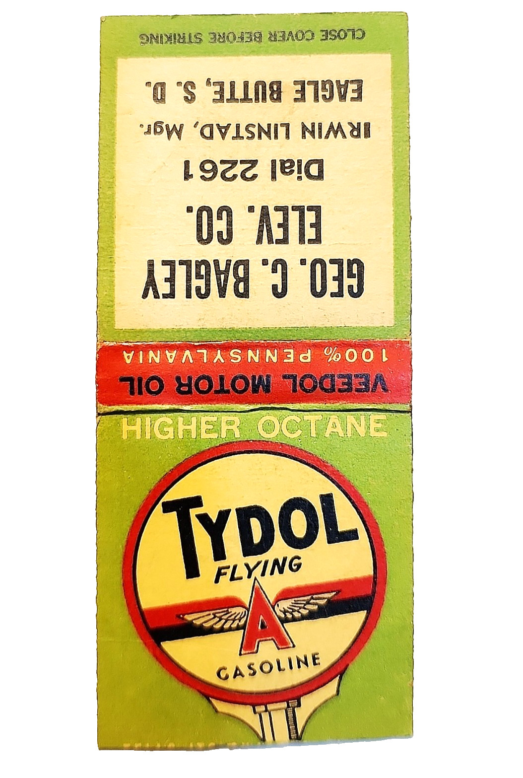 1930s Tydol Flying A Gasoline Matchbook Cover Veedol Motor Oil South Dakota