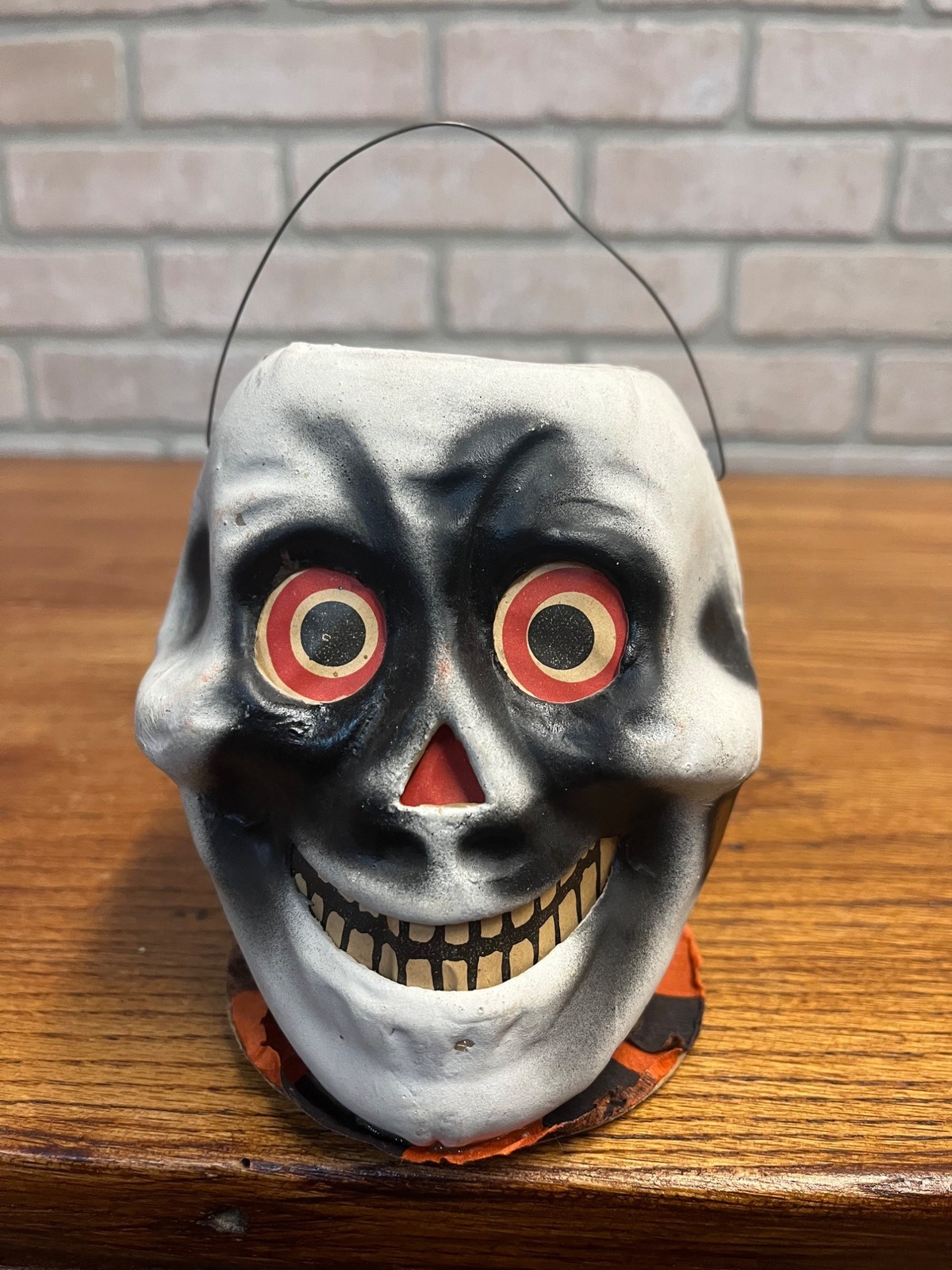 Antique 1920s Halloween Paper Mache Skull Skeleton Lantern German Original