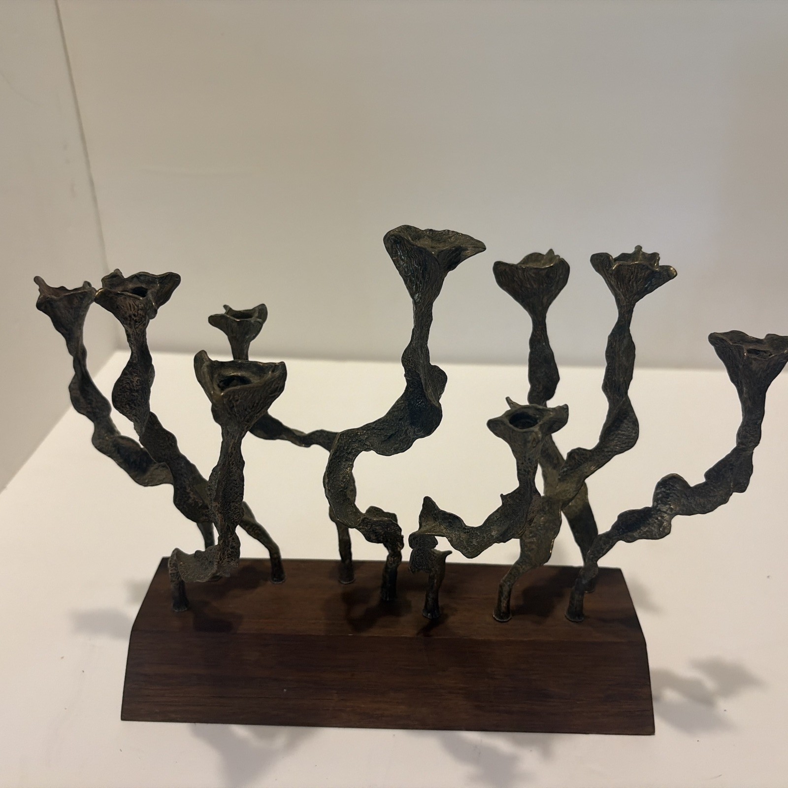 Vintage Menachem Berman Brutalist Menorah Bronze And Wood  Israel Mid Century