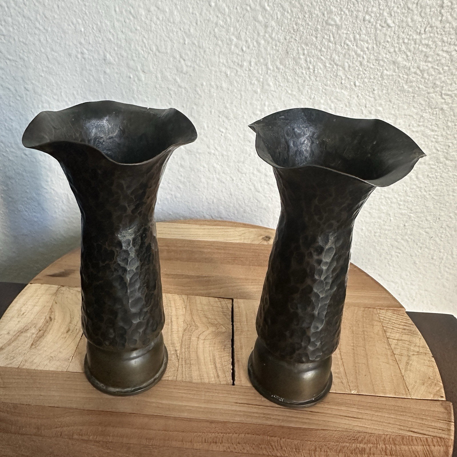 Pair WW1 1916 French Trench Art Vases 5.5 Inch Artillery Shell Brass Dimpled