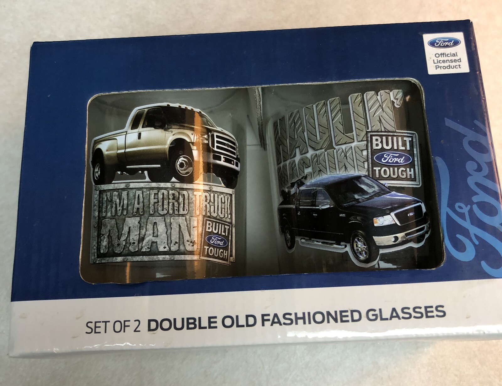 2 FORD GLASSES DOUBLE OLD FASHIONED TRUCK MAN BUILT FORD TOUGH BARWARE New