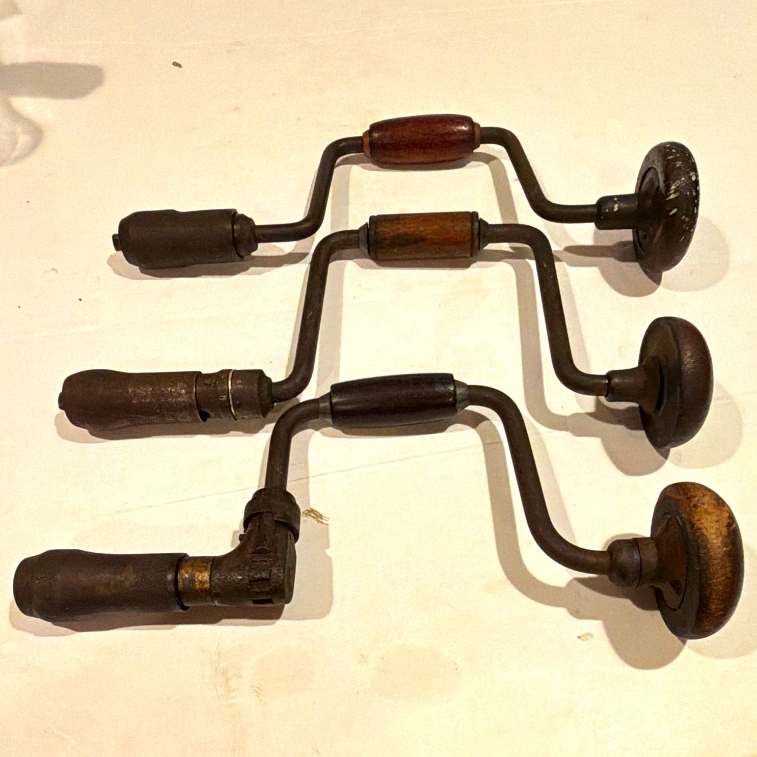 Lot of 3 Vintage Original Hand Brace Drills w/ Wood Handles & Metal Chucks