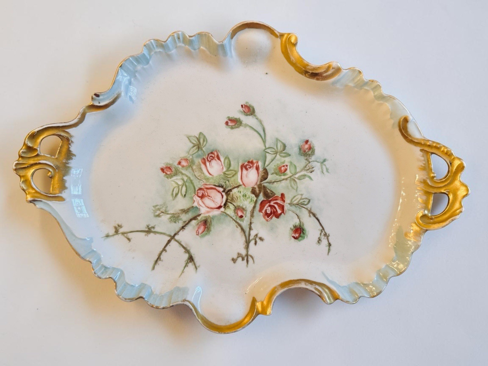 Antique JPL Jean Pouyat Limoges Porcelain Handled, Gilded Edge Dresser Tray