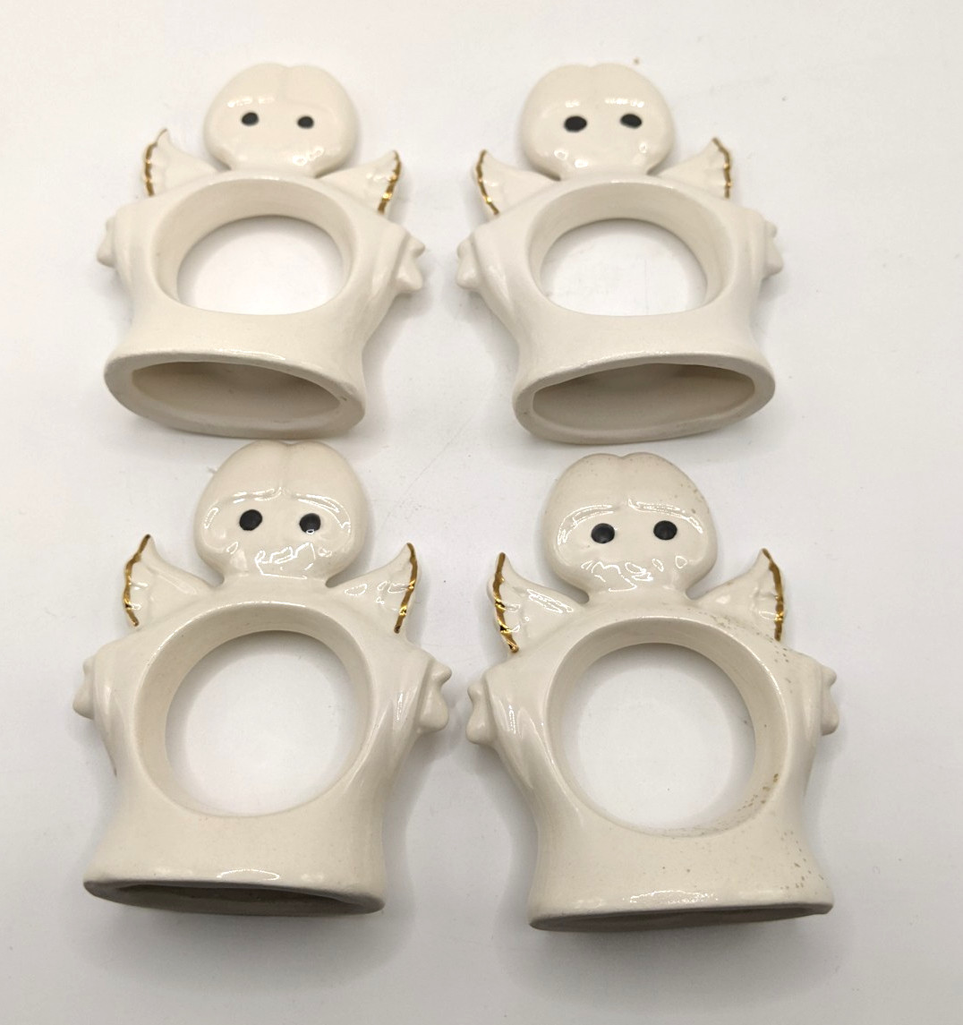 VTG Set Of 4 Ceramic ANGEL Napkin Ring Holders - Ivory Color Whimsical Faces