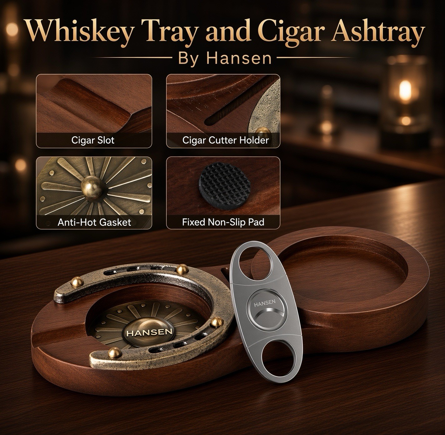 Hansen Premium Cigar Ashtray, Horseshoe Wooden Whiskey Glass Tray with Cutter