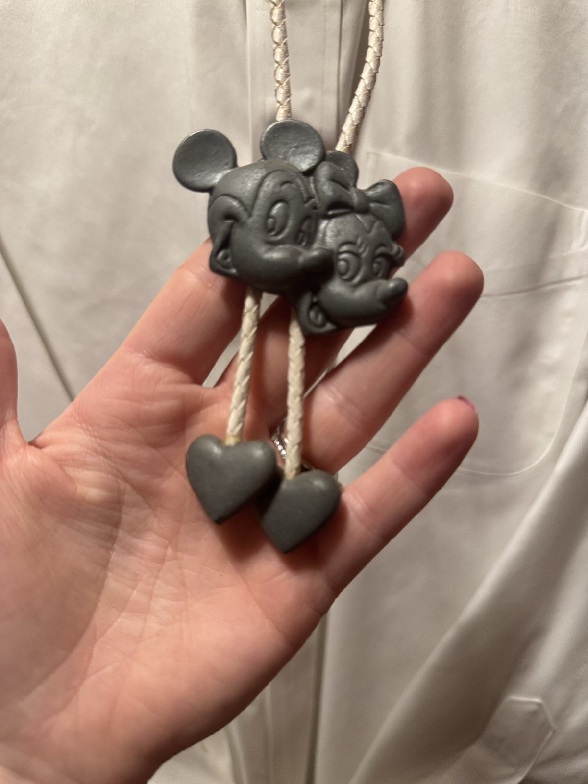 Vintage Mickey Minnie Mouse Bolo Tie Necklace Disneyland Pewter Western Hearts