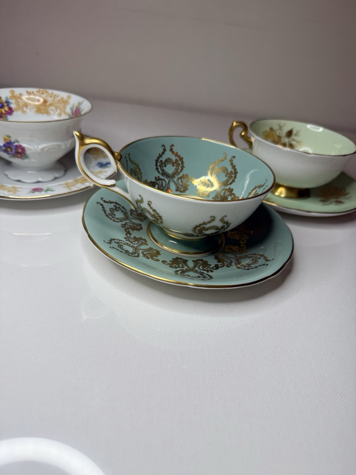 Lot of 3 Antique Porcelain Teacup Sets: Aynsley Turquoise Shelley & Seltmann